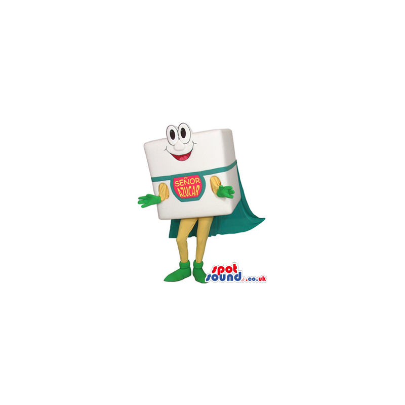Funny White Sugar Cube Mascot With A Logo And A Super Hero Cape