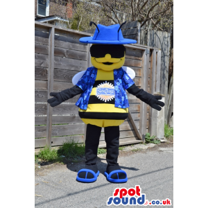 Bee Mascot With Logo Wearing Blue Flashy Garments And