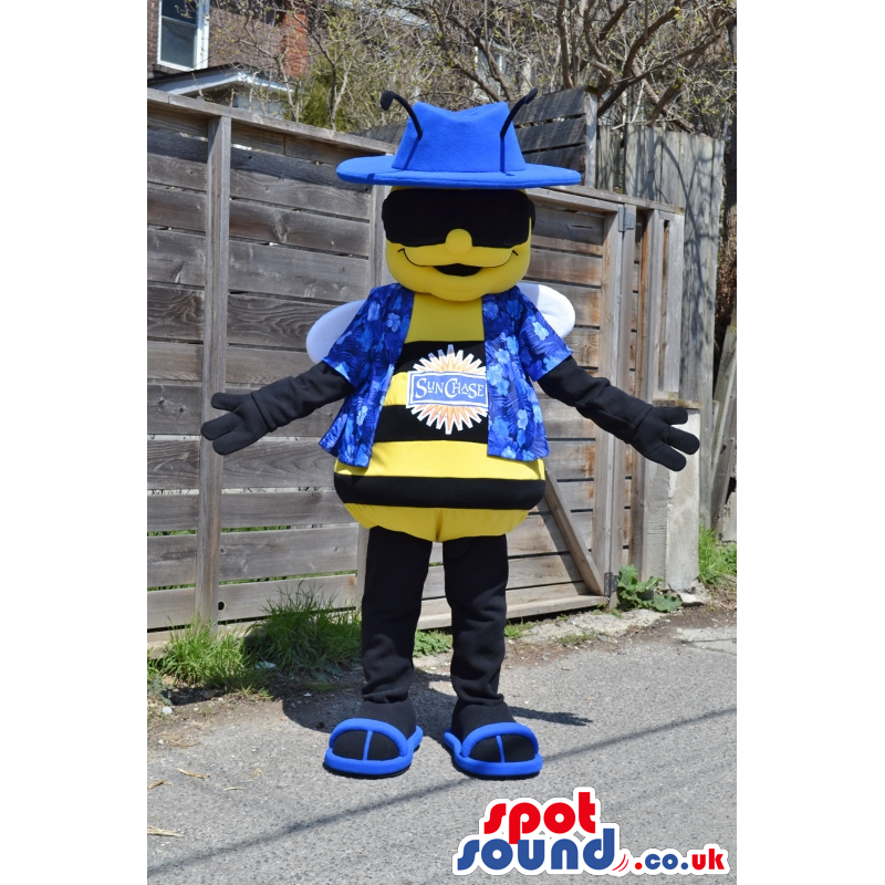 Bee Mascot With Logo Wearing Blue Flashy Garments And