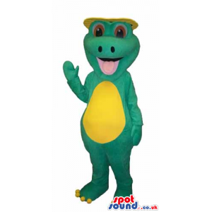 Cute Green Alligator Plush Mascot With A Yellow Belly And A Hat