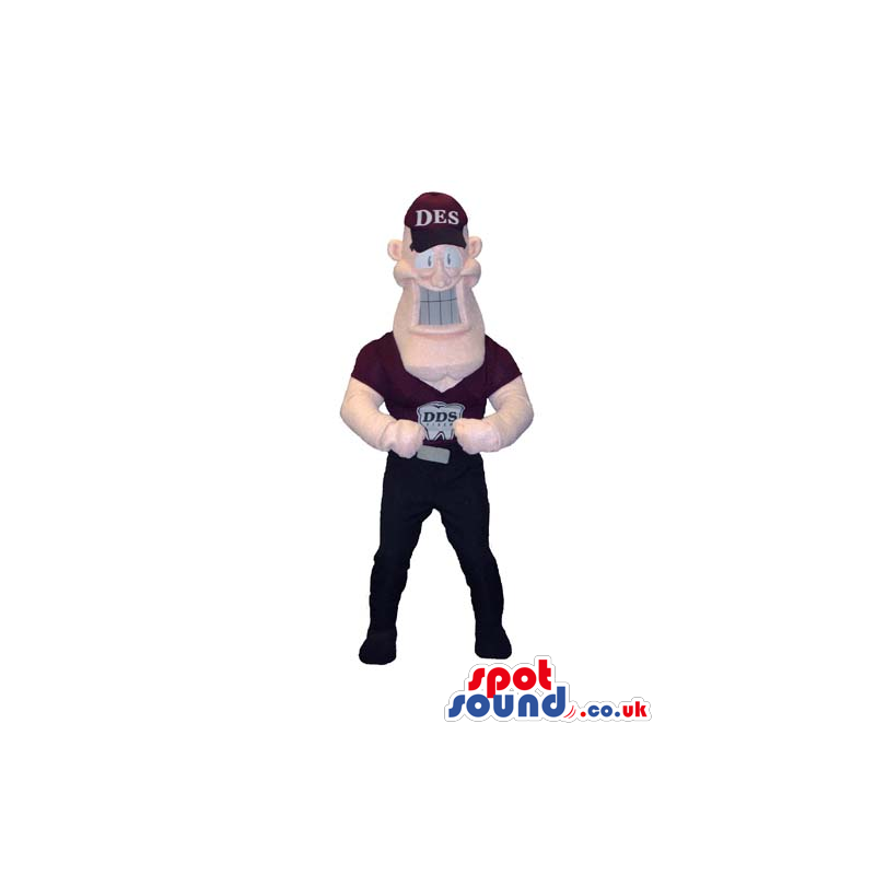 Human Character Caricature Mascot Wearing A Cap And Logo
