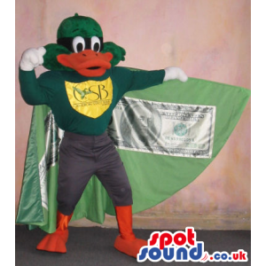 Duck Plush Mascot With A Logo Wearing A Cape With A Dollar Bill