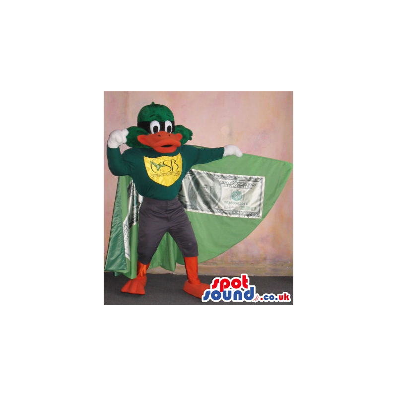 Duck Plush Mascot With A Logo Wearing A Cape With A Dollar Bill