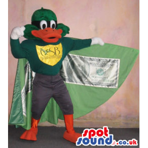 Duck Plush Mascot With A Logo Wearing A Cape With A Dollar Bill