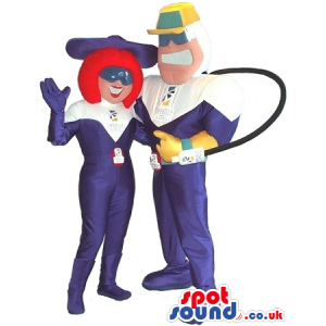 Mascot Couple Wearing Futuristic Suits, Glasses And Logos -