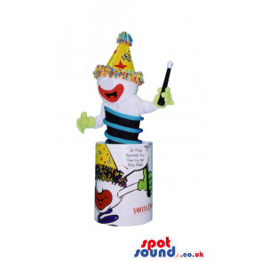 Jack In The Box Clown Mascot Gadget With A Party Hat And Text -