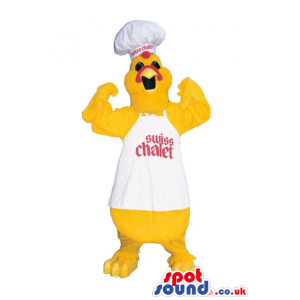 Yellow Chicken Plush Mascot Wearing Chef Garments With Text -