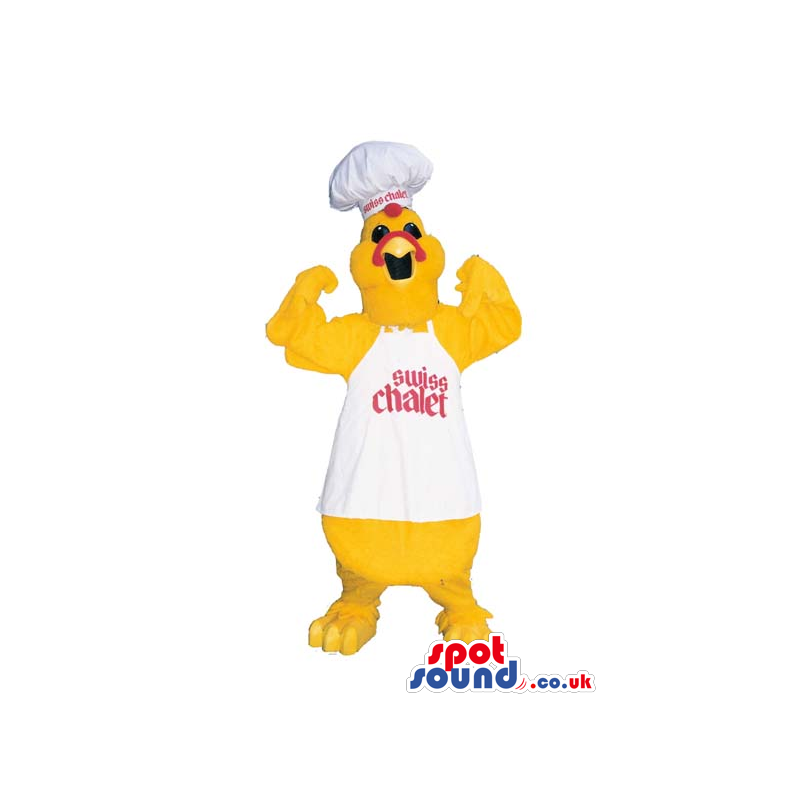 Yellow Chicken Plush Mascot Wearing Chef Garments With Text -