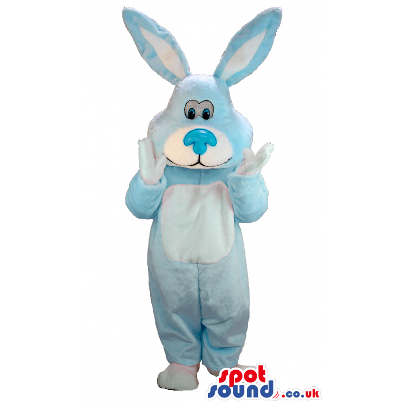 light blue cuddly rabbit with blue nose and wite underbelly -