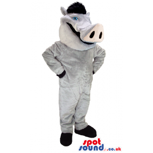 Tall standing grey boar mascot with white fangs and black hair