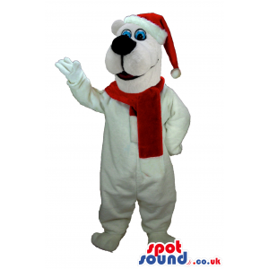 All White Polar Bear Plush Mascot Wearing Red Winter Garments -