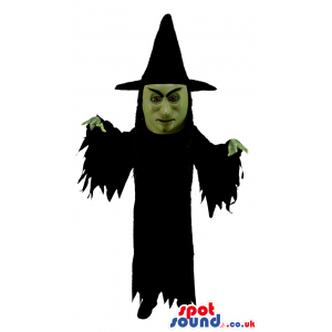 Witch Head Scary Halloween Mascot Wearing A Black Gown - Custom