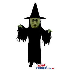 Witch Head Scary Halloween Mascot Wearing A Black Gown - Custom