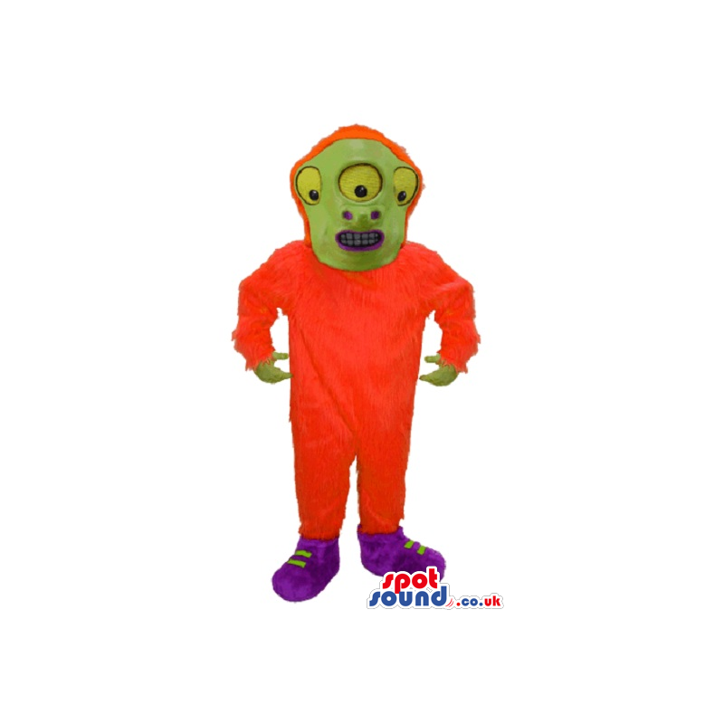 Flashy Orange Three-Eyed Alien Mascot With A Green Face -