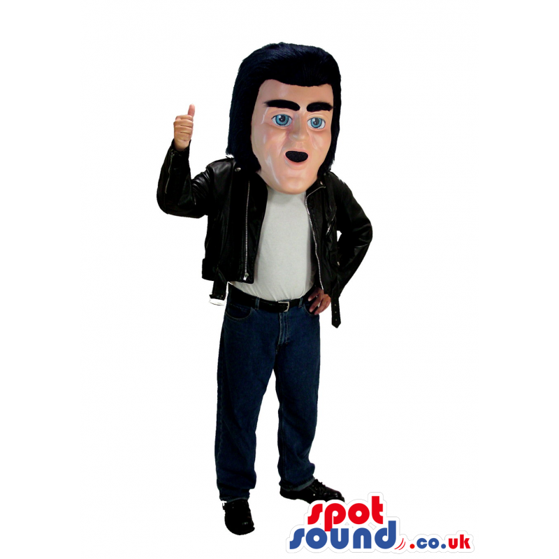 Elvis Singer Human Mascot Wearing A Leather Jacket - Custom