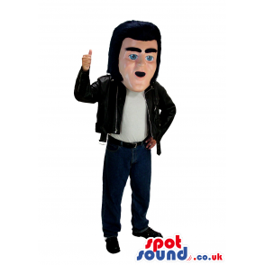 Elvis Singer Human Mascot Wearing A Leather Jacket - Custom