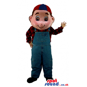 Boy Human Character Mascot Wearing Overalls And A Cap - Custom