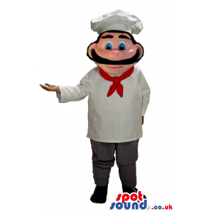 Human Character Mascot With A Mustache Wearing Chef Garments -