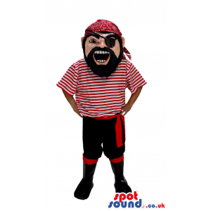 Laughing Human Mascot With A Beard Wearing Pirate Garments -
