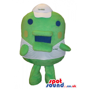 Flashy Green Mascot Wearing A White Cap And T-Shirt With Text -