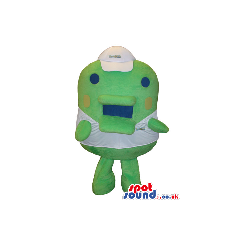 Flashy Green Mascot Wearing A White Cap And T-Shirt With Text -