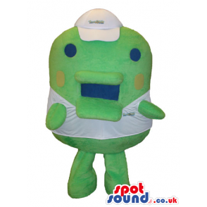 Flashy Green Mascot Wearing A White Cap And T-Shirt With Text -