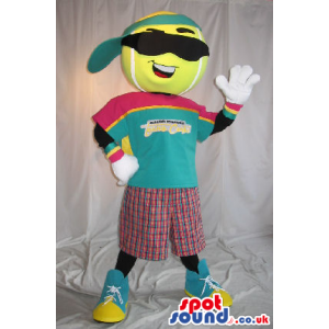 Tennis Ball Head Mascot Wearing Clothes And Sunglasses - Custom