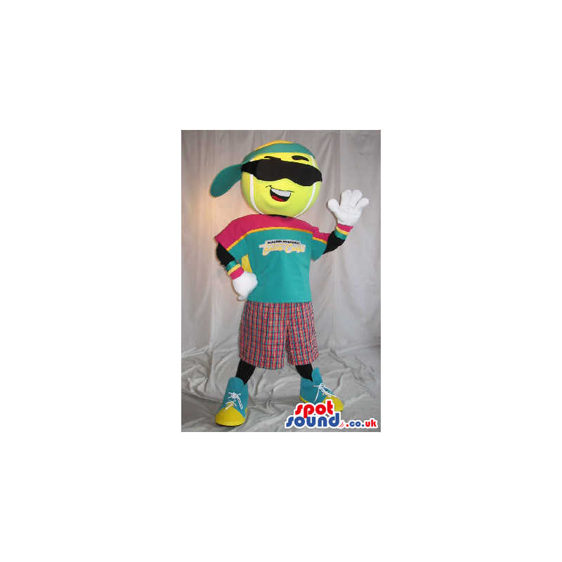 Tennis Ball Head Mascot Wearing Clothes And Sunglasses - Custom