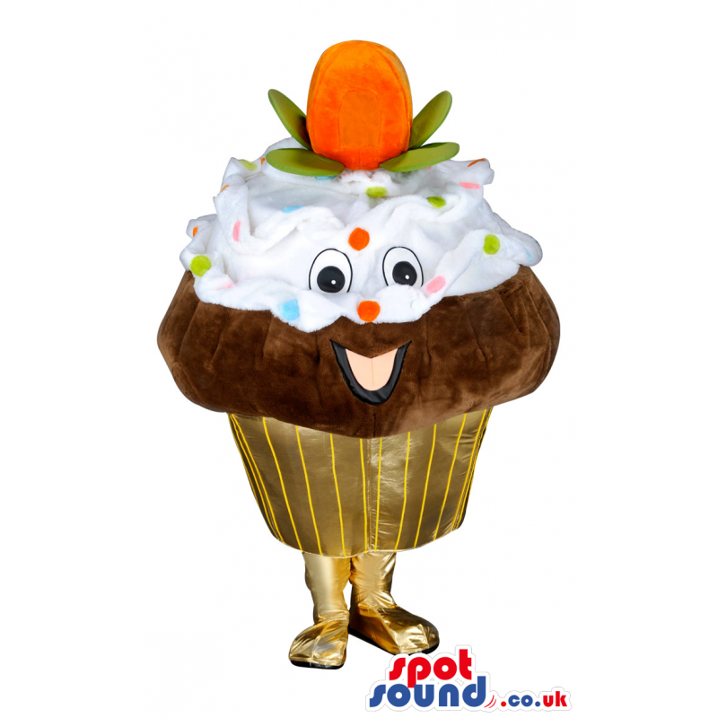 Pleased golden cupcake mascot with cream and fruits toppings -