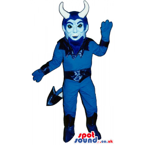 Halloween Flashy All Blue Devil Mascot With Big White Horns -