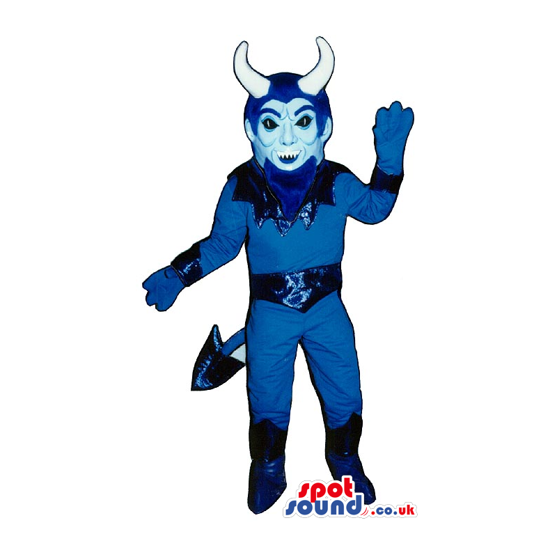 Halloween Flashy All Blue Devil Mascot With Big White Horns -