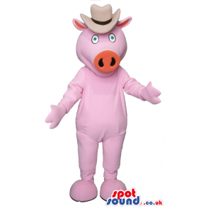 Customizable Pink Pig Plush Mascot With An Orange Nose In A Hat