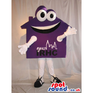 Customizable Purple House Mascot With A Funny Face And A Logo -