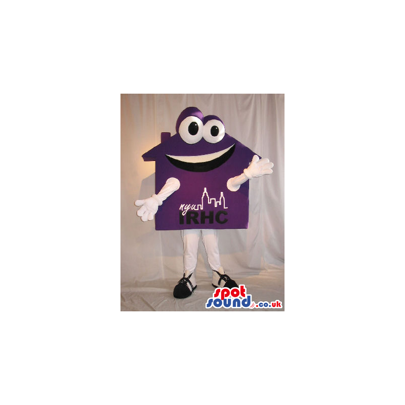 Customizable Purple House Mascot With A Funny Face And A Logo -