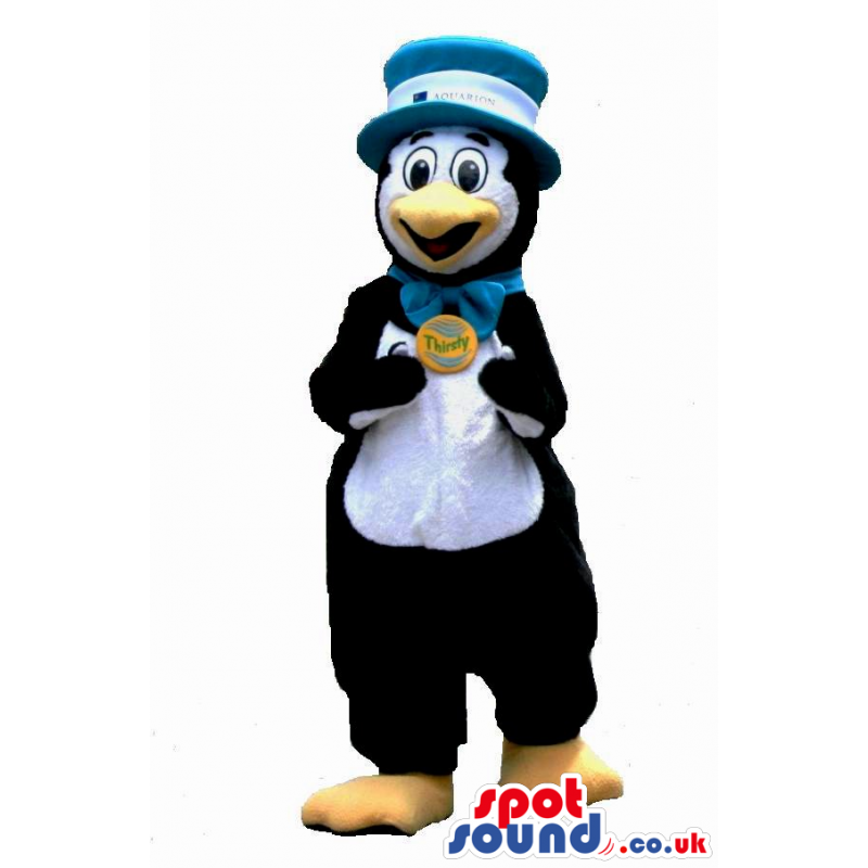 Funny Penguin Plush Mascot In A Bow Tie And Hat With A Badge -