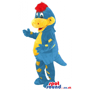 Delighted blue and yellow dinosaur mascot with red hair -