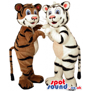 Cute Brown Or White Tiger Plush Mascot Couple With Blue Eyes -