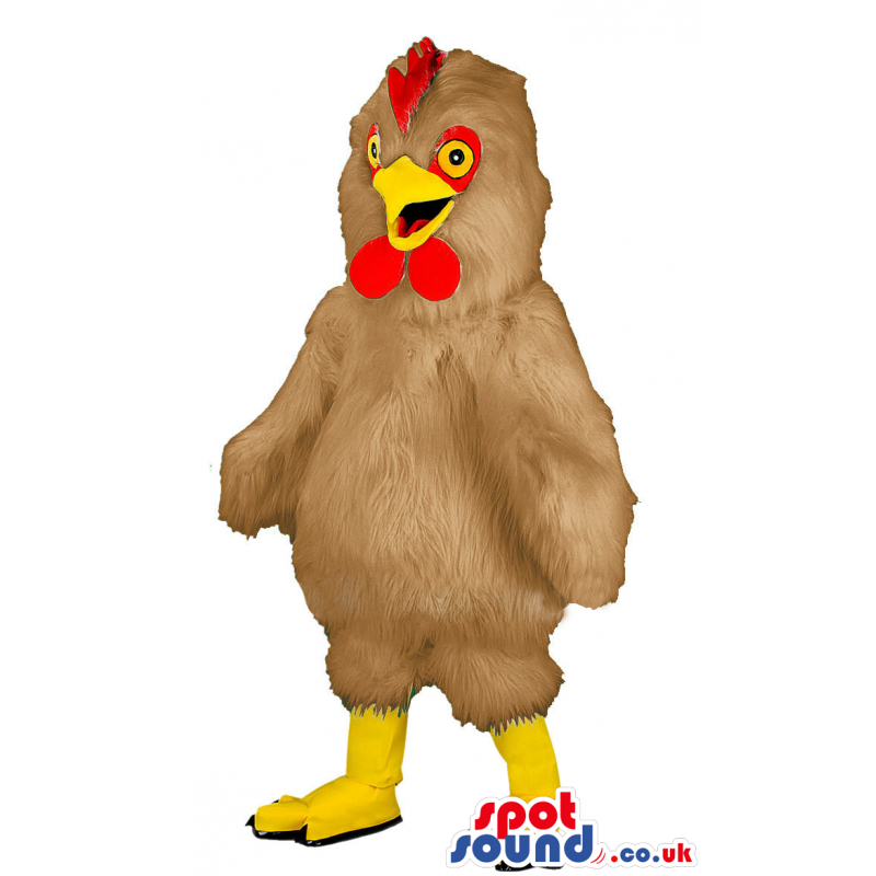 Tall standing brown chicken mascot with yellow beak and feet -