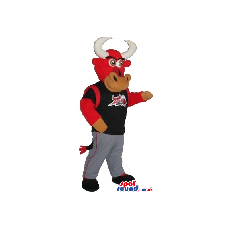 Customizable Red Bull Plush Mascot Wearing Sports Logo Clothes