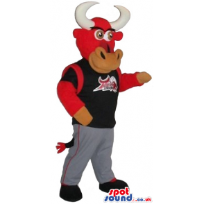 Customizable Red Bull Plush Mascot Wearing Sports Logo Clothes