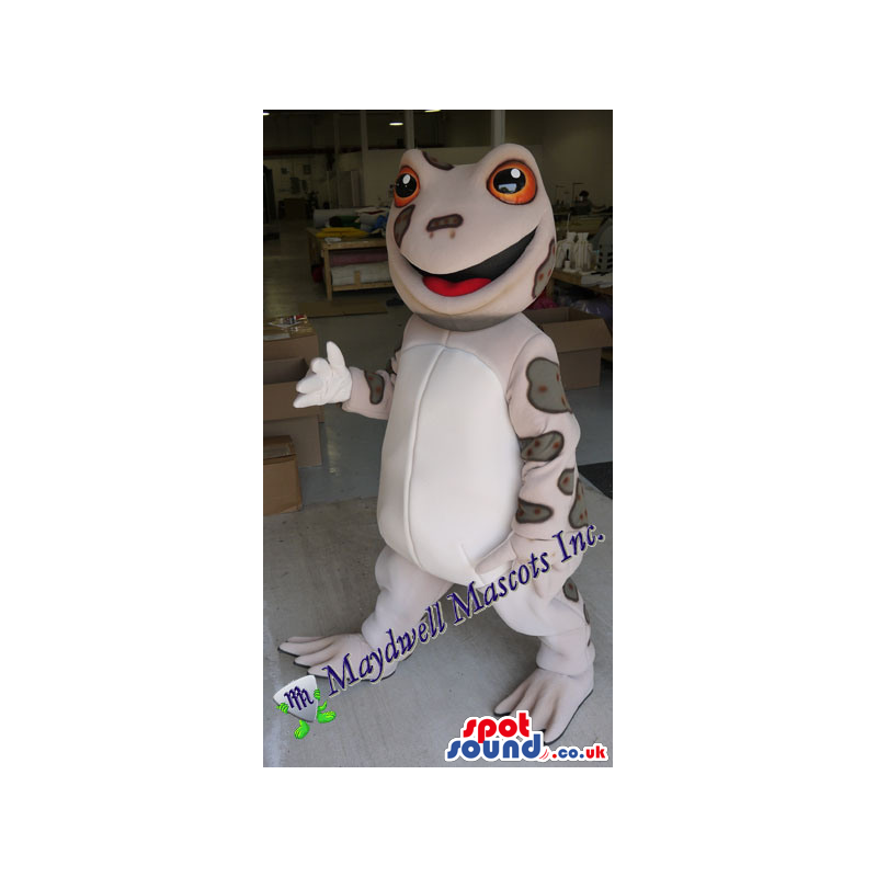 Grey Frog Plush Mascot With A White Belly And Red Eyes - Custom