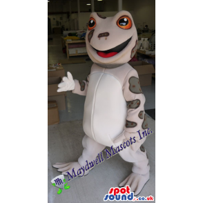 Grey Frog Plush Mascot With A White Belly And Red Eyes - Custom