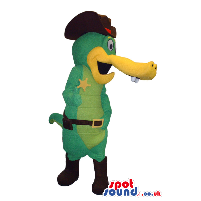 Green And Yellow Alligator Mascot Dressed In Sheriff Garments -