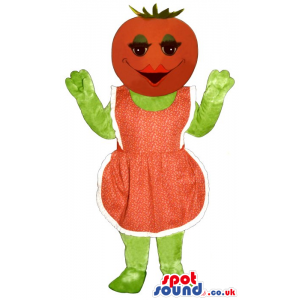 Orange Fruit Head Lady Mascot Wearing A Farmer Apron - Custom