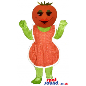 Orange Fruit Head Lady Mascot Wearing A Farmer Apron - Custom