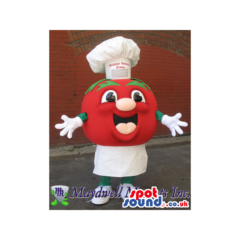 Red Tomato Plush Mascot Wearing An Apron And Chef Hat With Text