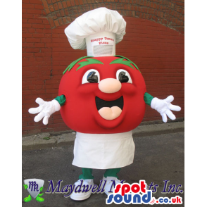 Red Tomato Plush Mascot Wearing An Apron And Chef Hat With Text