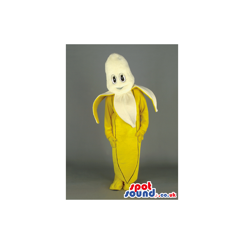 Half peeled, yellow banana mascot with big eyes and smile -