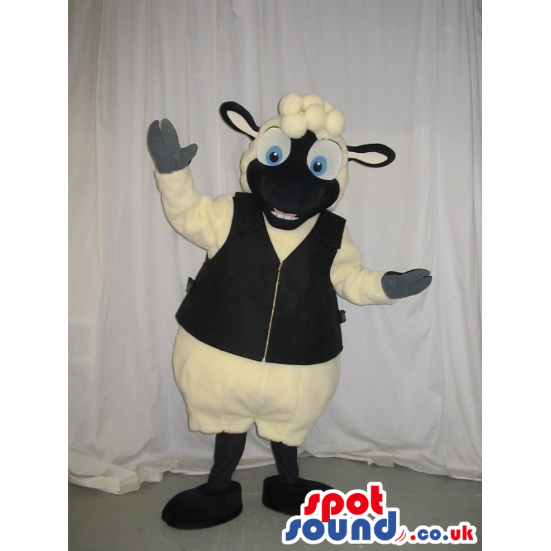 Sheep Plush Mascot With A Black Face Wearing A Vest - Custom