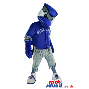 Blue Bird Plush Mascot Wearing Sports Garments With A Logo -